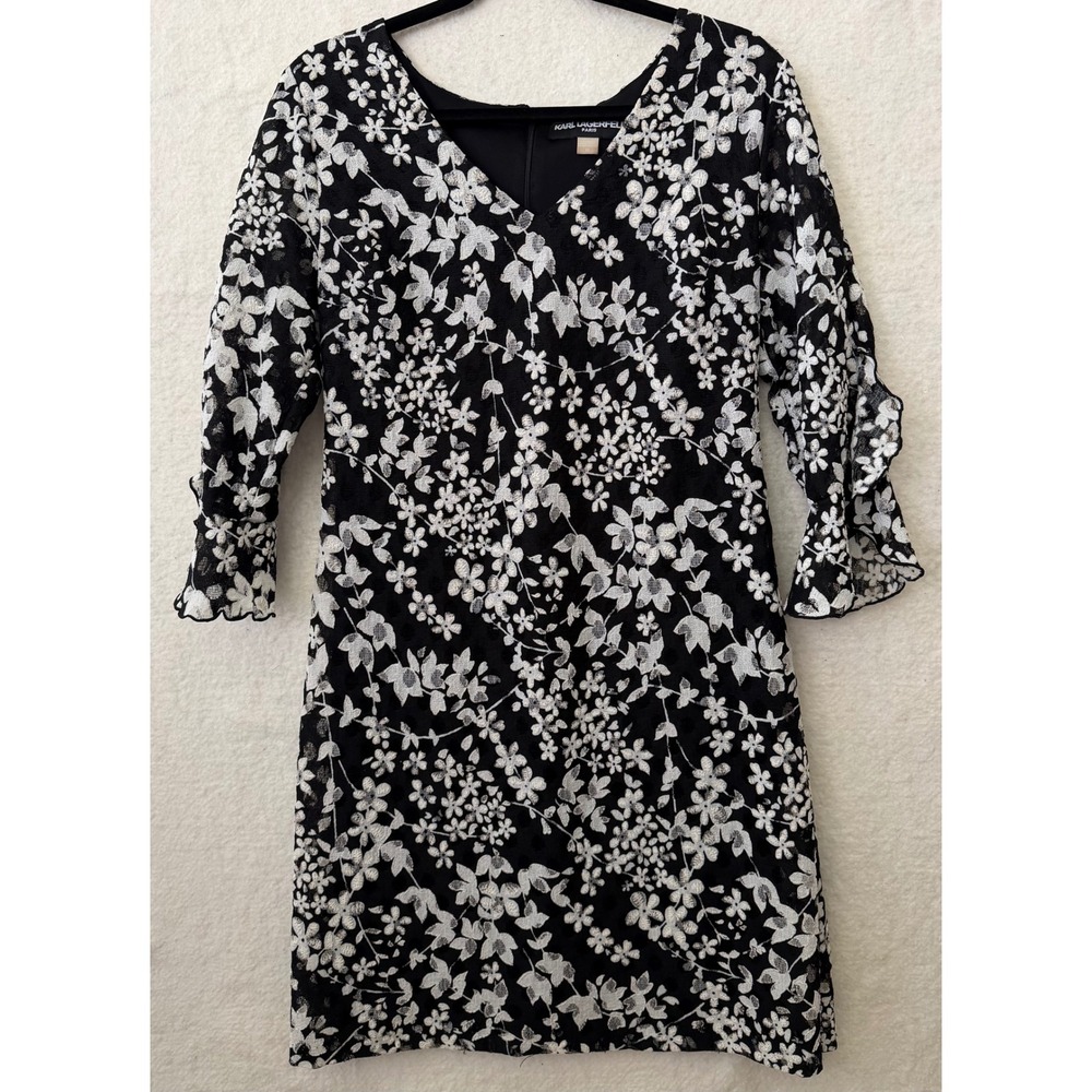 Karl Lagerfeld Paris Black White Floral Lace Ruffle Sleeve V-Neck Dress 10 EUC